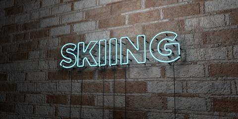 SKIING - Glowing Neon Sign on stonework wall - 3D rendered royalty free stock illustration.  Can be used for online banner ads and direct mailers..