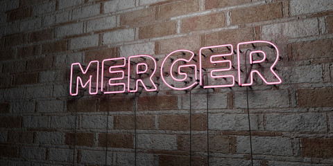 MERGER - Glowing Neon Sign on stonework wall - 3D rendered royalty free stock illustration.  Can be used for online banner ads and direct mailers..