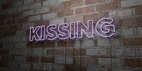 KISSING - Glowing Neon Sign on stonework wall - 3D rendered royalty free stock illustration.  Can be used for online banner ads and direct mailers..