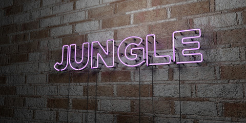 JUNGLE - Glowing Neon Sign on stonework wall - 3D rendered royalty free stock illustration.  Can be used for online banner ads and direct mailers..
