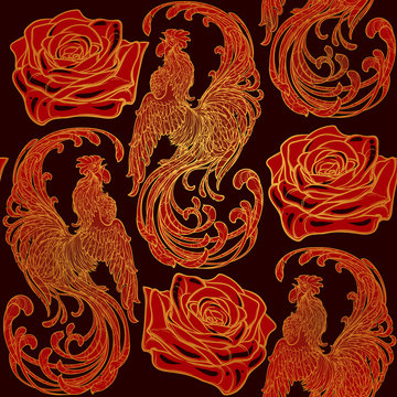 Festive New year simless pattern with red ruster as a symbol of the year and a roze. Intricate linear drawing of the crowing Rooster on contrast background. EPS10 vector illustration.