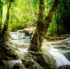 Erawan waterfall, the beautiful waterfall in forest at Erawan National Park - A beautiful waterfall on the River Kwai. Kanchanaburi, Thailand