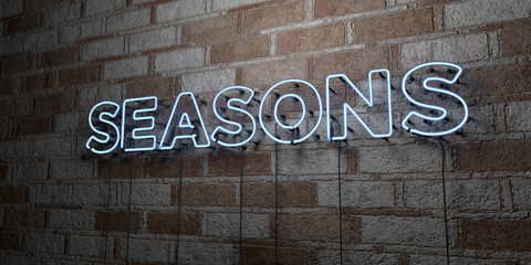 SEASONS - Glowing Neon Sign on stonework wall - 3D rendered royalty free stock illustration.  Can be used for online banner ads and direct mailers..