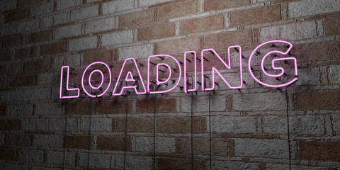 LOADING - Glowing Neon Sign on stonework wall - 3D rendered royalty free stock illustration.  Can be used for online banner ads and direct mailers..