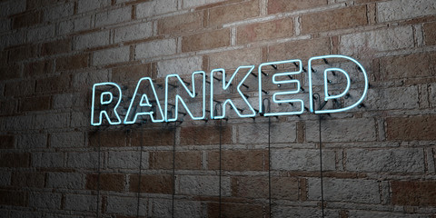 RANKED - Glowing Neon Sign on stonework wall - 3D rendered royalty free stock illustration.  Can be used for online banner ads and direct mailers..