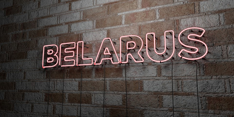 Fototapeta premium BELARUS - Glowing Neon Sign on stonework wall - 3D rendered royalty free stock illustration. Can be used for online banner ads and direct mailers..