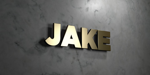Jake - Gold sign mounted on glossy marble wall  - 3D rendered royalty free stock illustration. This image can be used for an online website banner ad or a print postcard. © Chris Titze Imaging