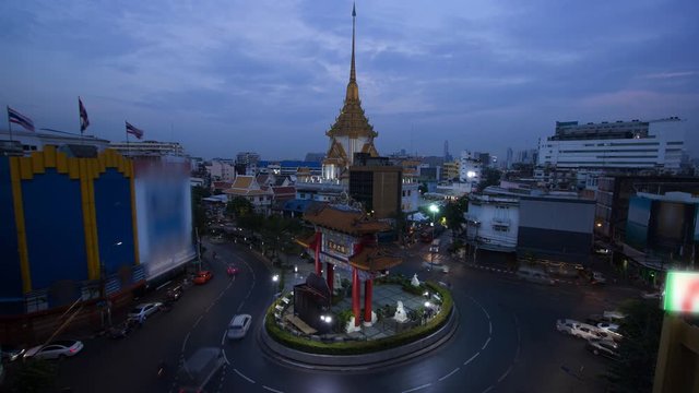 Landmark of Chinatown (Odeon Circle) in Bangkok Thailand. Day to night, time lapse
