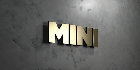 Mini - Gold sign mounted on glossy marble wall  - 3D rendered royalty free stock illustration. This image can be used for an online website banner ad or a print postcard.