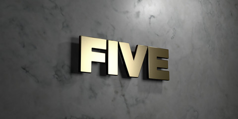 Five - Gold sign mounted on glossy marble wall  - 3D rendered royalty free stock illustration. This image can be used for an online website banner ad or a print postcard.
