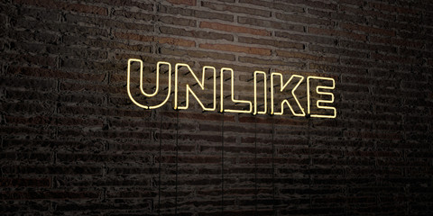 UNLIKE -Realistic Neon Sign on Brick Wall background - 3D rendered royalty free stock image. Can be used for online banner ads and direct mailers..