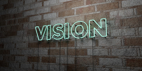 Fototapeta na wymiar VISION - Glowing Neon Sign on stonework wall - 3D rendered royalty free stock illustration. Can be used for online banner ads and direct mailers..