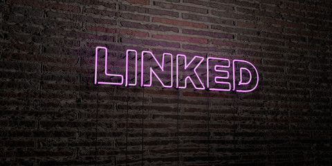 LINKED -Realistic Neon Sign on Brick Wall background - 3D rendered royalty free stock image. Can be used for online banner ads and direct mailers..