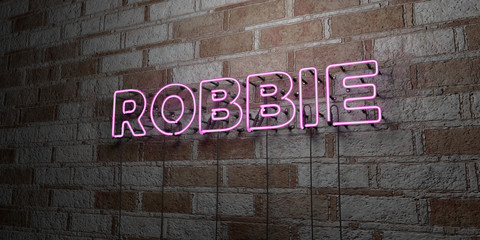 ROBBIE - Glowing Neon Sign on stonework wall - 3D rendered royalty free stock illustration.  Can be used for online banner ads and direct mailers..