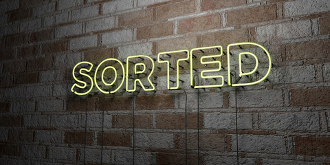 SORTED - Glowing Neon Sign on stonework wall - 3D rendered royalty free stock illustration.  Can be used for online banner ads and direct mailers..