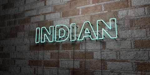 INDIAN - Glowing Neon Sign on stonework wall - 3D rendered royalty free stock illustration.  Can be used for online banner ads and direct mailers..