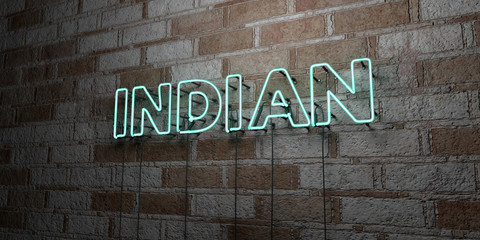 Fototapeta premium INDIAN - Glowing Neon Sign on stonework wall - 3D rendered royalty free stock illustration. Can be used for online banner ads and direct mailers..