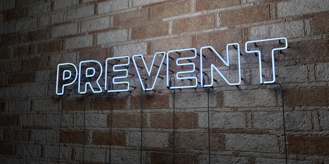 Fototapeta premium PREVENT - Glowing Neon Sign on stonework wall - 3D rendered royalty free stock illustration. Can be used for online banner ads and direct mailers..