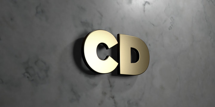 Cd - Gold sign mounted on glossy marble wall  - 3D rendered royalty free stock illustration. This image can be used for an online website banner ad or a print postcard.