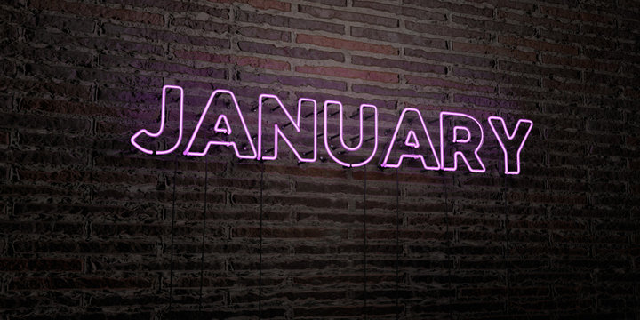 JANUARY -Realistic Neon Sign on Brick Wall background - 3D rendered royalty free stock image. Can be used for online banner ads and direct mailers..
