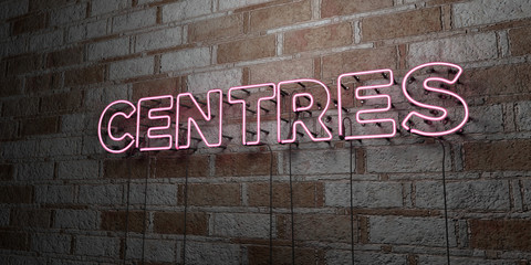 Fototapeta na wymiar CENTRES - Glowing Neon Sign on stonework wall - 3D rendered royalty free stock illustration. Can be used for online banner ads and direct mailers..