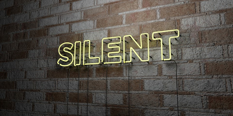 Fototapeta na wymiar SILENT - Glowing Neon Sign on stonework wall - 3D rendered royalty free stock illustration. Can be used for online banner ads and direct mailers..