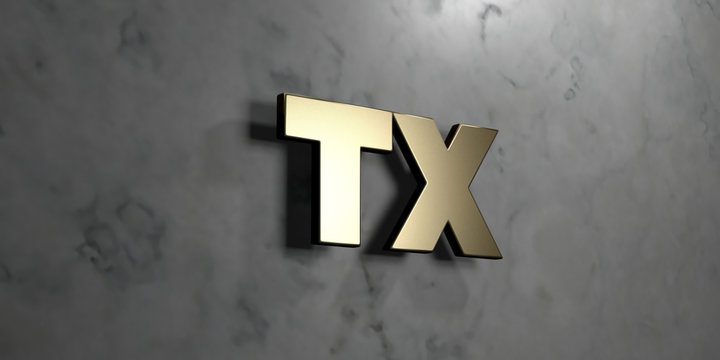 Tx - Gold sign mounted on glossy marble wall  - 3D rendered royalty free stock illustration. This image can be used for an online website banner ad or a print postcard.
