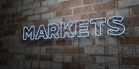 Fototapeta premium MARKETS - Glowing Neon Sign on stonework wall - 3D rendered royalty free stock illustration. Can be used for online banner ads and direct mailers..
