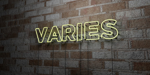 VARIES - Glowing Neon Sign on stonework wall - 3D rendered royalty free stock illustration.  Can be used for online banner ads and direct mailers..