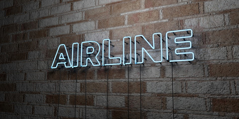 AIRLINE - Glowing Neon Sign on stonework wall - 3D rendered royalty free stock illustration.  Can be used for online banner ads and direct mailers..