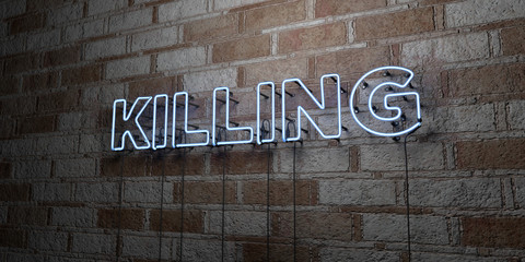 KILLING - Glowing Neon Sign on stonework wall - 3D rendered royalty free stock illustration.  Can be used for online banner ads and direct mailers..