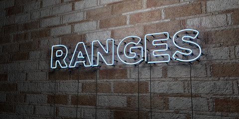 Fototapeta premium RANGES - Glowing Neon Sign on stonework wall - 3D rendered royalty free stock illustration. Can be used for online banner ads and direct mailers..