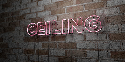 CEILING - Glowing Neon Sign on stonework wall - 3D rendered royalty free stock illustration.  Can be used for online banner ads and direct mailers..