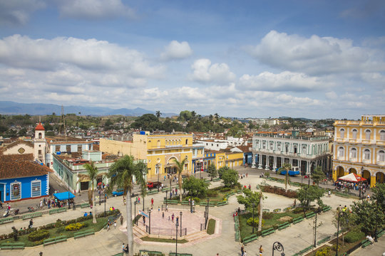 View of Parque Serafin Sanchez, the main square, surrounded by Neoclassical buildings, Sancti Spiritus, Sancti Spiritus Province, Cuba