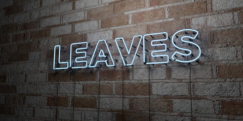 LEAVES - Glowing Neon Sign on stonework wall - 3D rendered royalty free stock illustration.  Can be used for online banner ads and direct mailers..
