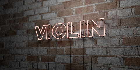 Fototapeta na wymiar VIOLIN - Glowing Neon Sign on stonework wall - 3D rendered royalty free stock illustration. Can be used for online banner ads and direct mailers..