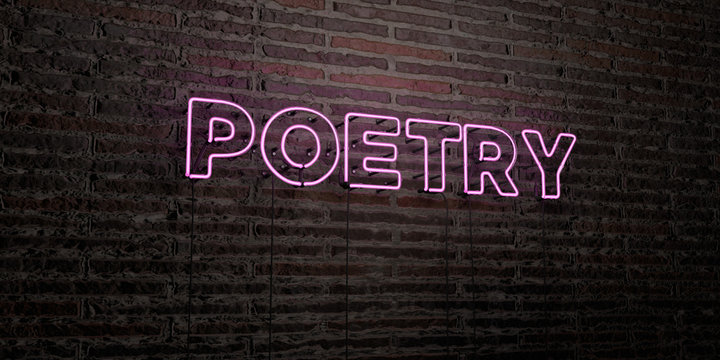 POETRY -Realistic Neon Sign on Brick Wall background - 3D rendered royalty free stock image. Can be used for online banner ads and direct mailers..