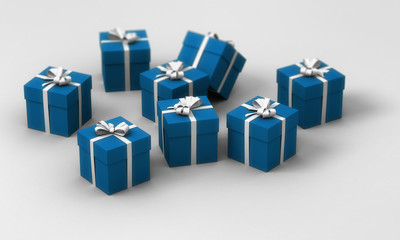 pile of boxes gifts on a white background - 3D xmas / shopping background (blue, black friday , christmas )