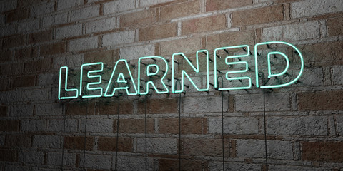 Fototapeta premium LEARNED - Glowing Neon Sign on stonework wall - 3D rendered royalty free stock illustration. Can be used for online banner ads and direct mailers..