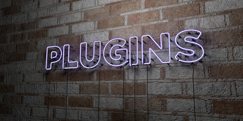 PLUGINS - Glowing Neon Sign on stonework wall - 3D rendered royalty free stock illustration.  Can be used for online banner ads and direct mailers..