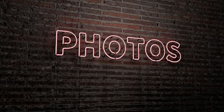 PHOTOS -Realistic Neon Sign on Brick Wall background - 3D rendered royalty free stock image. Can be used for online banner ads and direct mailers..