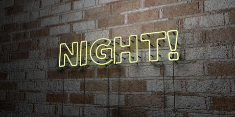 Fototapeta na wymiar NIGHT! - Glowing Neon Sign on stonework wall - 3D rendered royalty free stock illustration. Can be used for online banner ads and direct mailers..