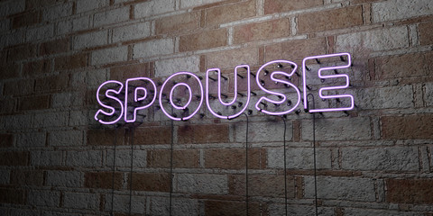 SPOUSE - Glowing Neon Sign on stonework wall - 3D rendered royalty free stock illustration.  Can be used for online banner ads and direct mailers..