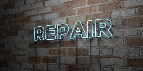 Fototapeta na wymiar REPAIR - Glowing Neon Sign on stonework wall - 3D rendered royalty free stock illustration. Can be used for online banner ads and direct mailers..