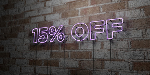 15% OFF - Glowing Neon Sign on stonework wall - 3D rendered royalty free stock illustration.  Can be used for online banner ads and direct mailers..