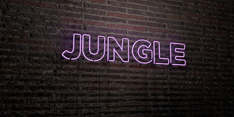 JUNGLE -Realistic Neon Sign on Brick Wall background - 3D rendered royalty free stock image. Can be used for online banner ads and direct mailers..