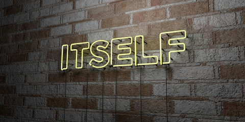 ITSELF - Glowing Neon Sign on stonework wall - 3D rendered royalty free stock illustration.  Can be used for online banner ads and direct mailers..