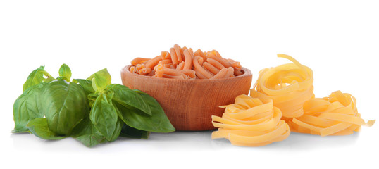 Different kinds of pasta on white background