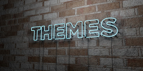 THEMES - Glowing Neon Sign on stonework wall - 3D rendered royalty free stock illustration.  Can be used for online banner ads and direct mailers..