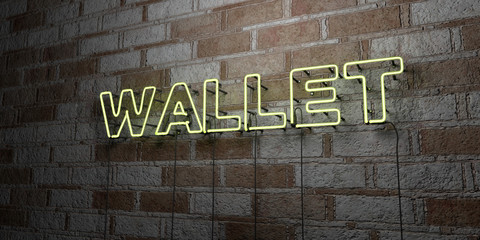 Fototapeta na wymiar WALLET - Glowing Neon Sign on stonework wall - 3D rendered royalty free stock illustration. Can be used for online banner ads and direct mailers..